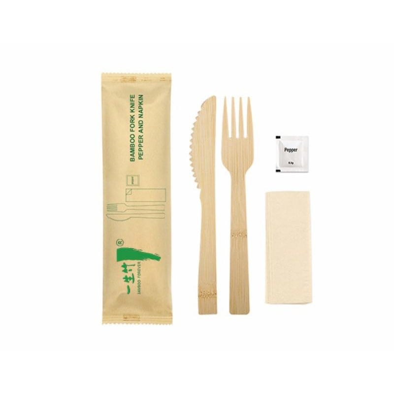 4-in-1 individually wrapped disposable bamboo knife fork set with pepper & napkin