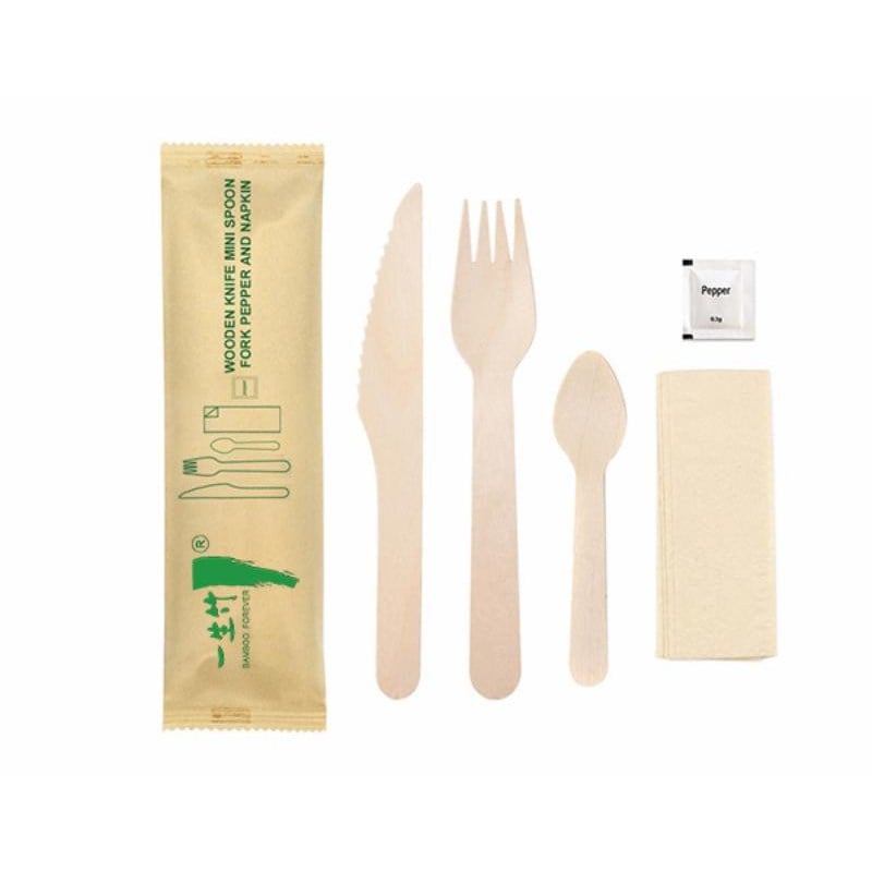 5-in-1 disposable wooden cutlery kit: knife + fork + mini spoon + napkin + pepper sachet