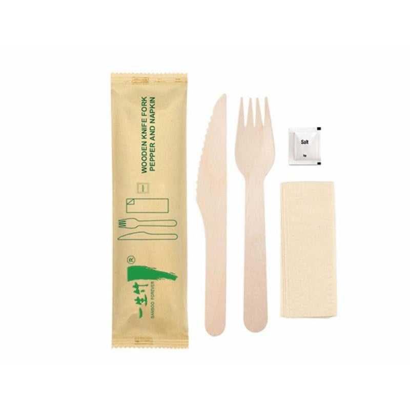 4-in-1 disposable wooden cutlery kit: knife + fork + napkin + salt sachet