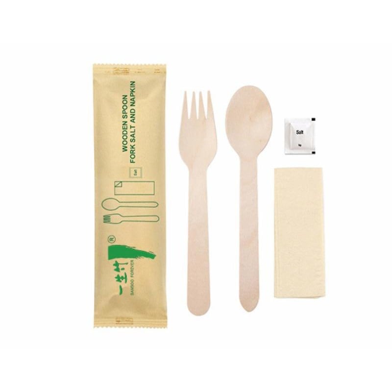 4-in-1 disposable wooden cutlery kit: fork+ spoon + napkin + salt sachet