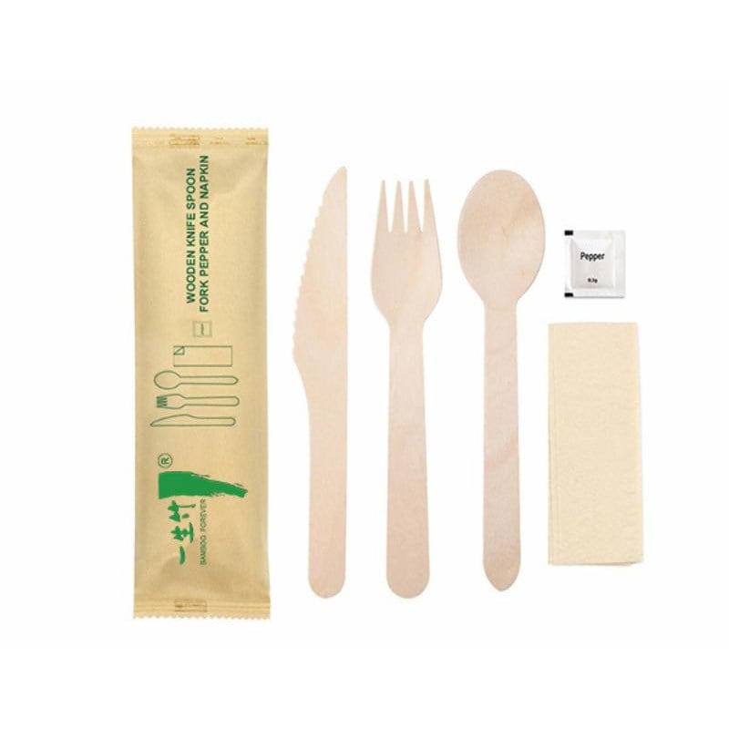 5-in-1 disposable wooden cutlery kit: knife + fork + spoon + napkin + pepper  sachet