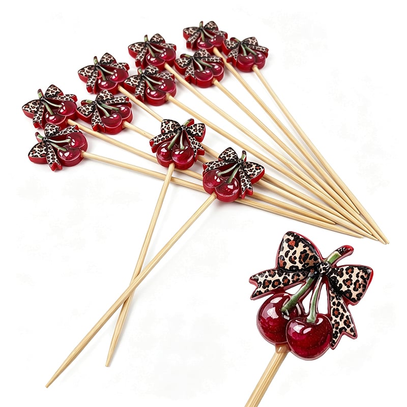 Leopard Bow Cherry Bamboo Bead Pick 4.72