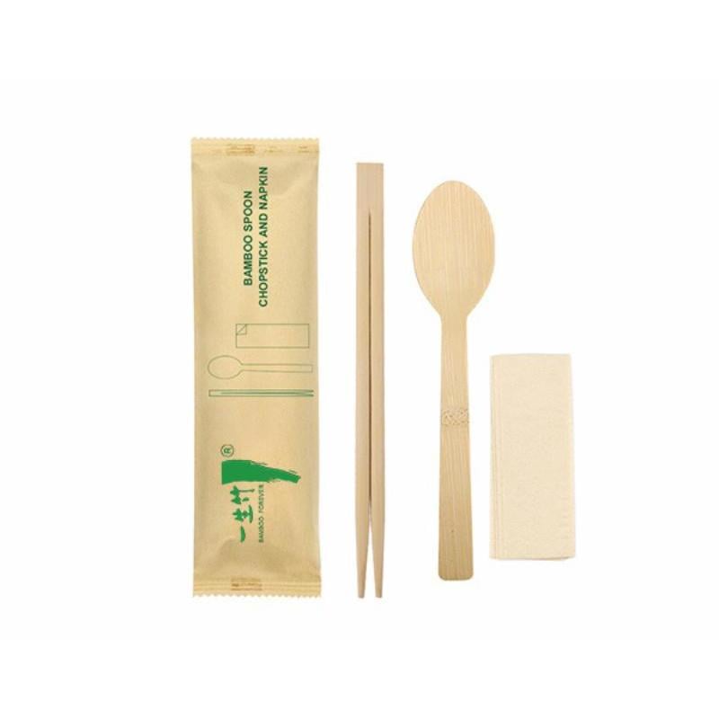3-in-1 individually wrapped disposable bamboo spoon chopstick with napkin