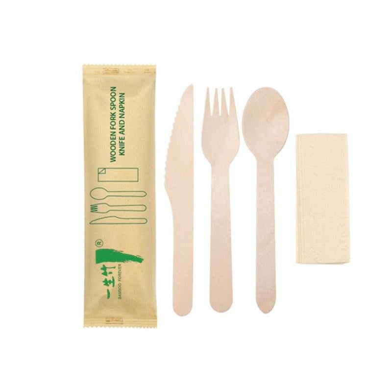 4-in-1 disposable wooden cutlery kit: knife + fork + spoon + napkin