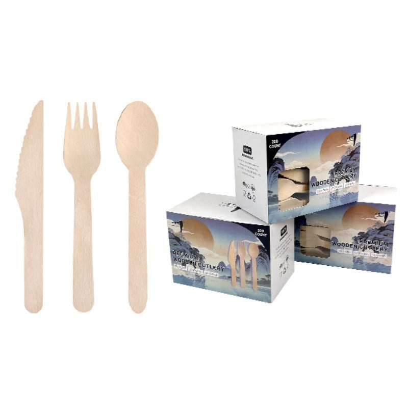 Contains 200 pieces: 100 wooden forks, 50 wooden spoons, 50 wooden knives