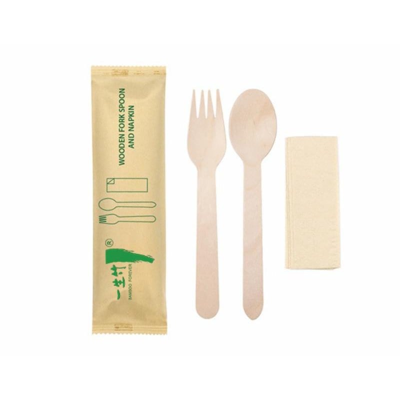 3-in-1 disposable wooden cutlery kit: fork+ spoon + napkin