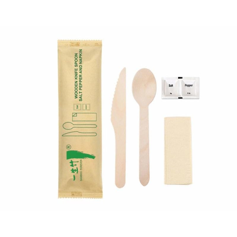 5-in-1 disposable wooden cutlery kit: knife + spoon + napkin + salt sachet + pepper sachet