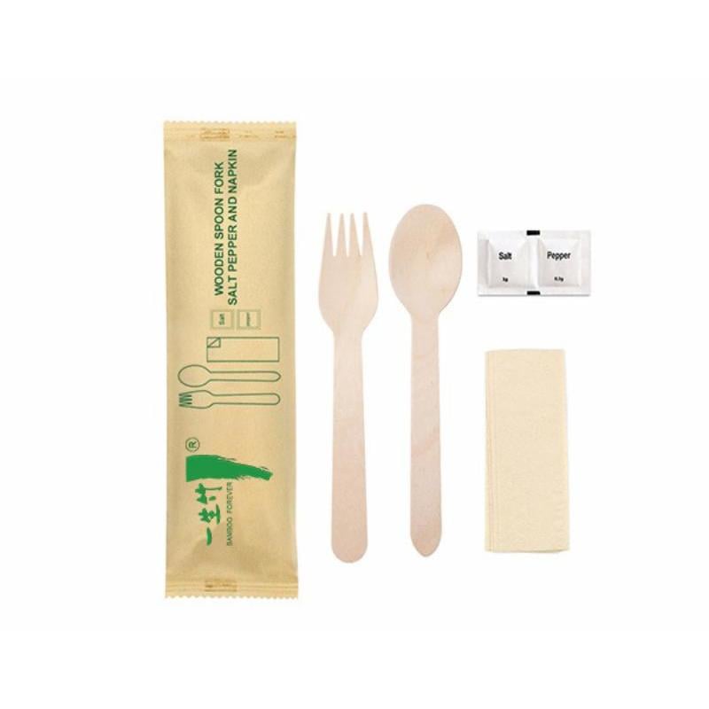 5-in-1 disposable wooden cutlery kit: fork+ spoon + napkin + salt sachet + pepper sachet
