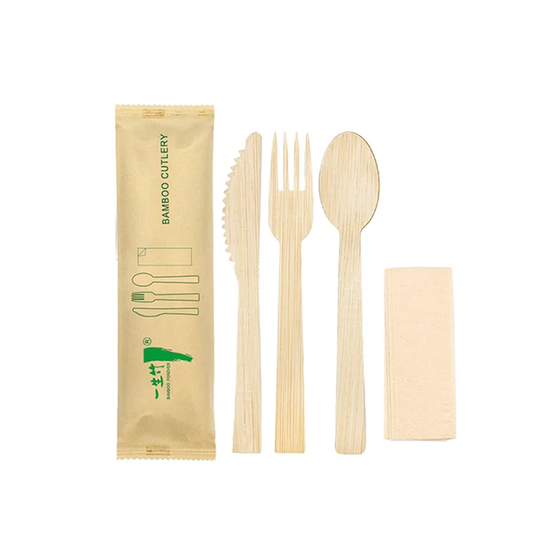 4-in-1 individually wrapped disposable bamboo knife fork spoon set with napkin