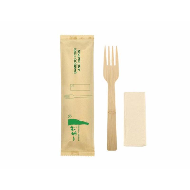 2-in-1 individually wrapped disposable bamboo fork and napkin set