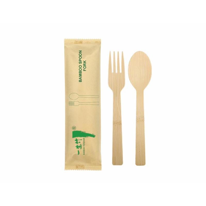 2-in-1 individually wrapped disposable bamboo fork and spoon set