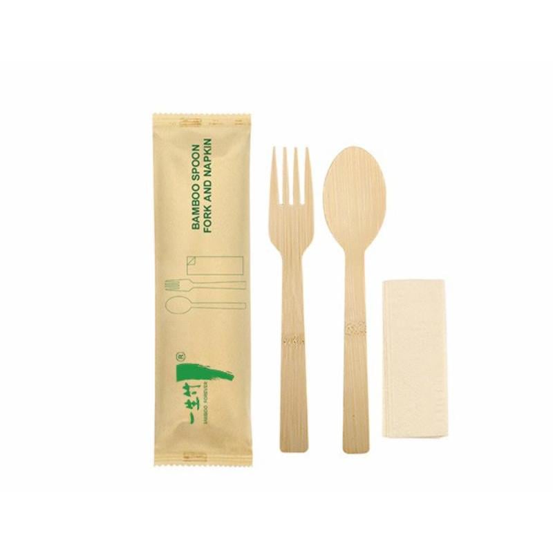 3-in-1 individually wrapped disposable bamboo fork spoon napkin set