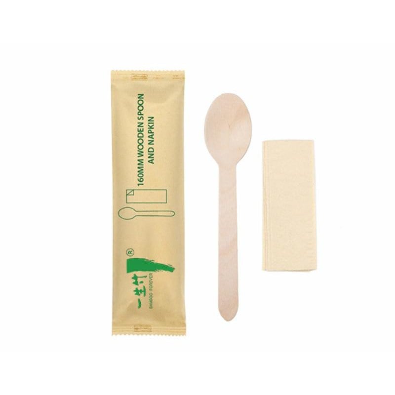 2-in-1 disposable wooden spoon and napkin set