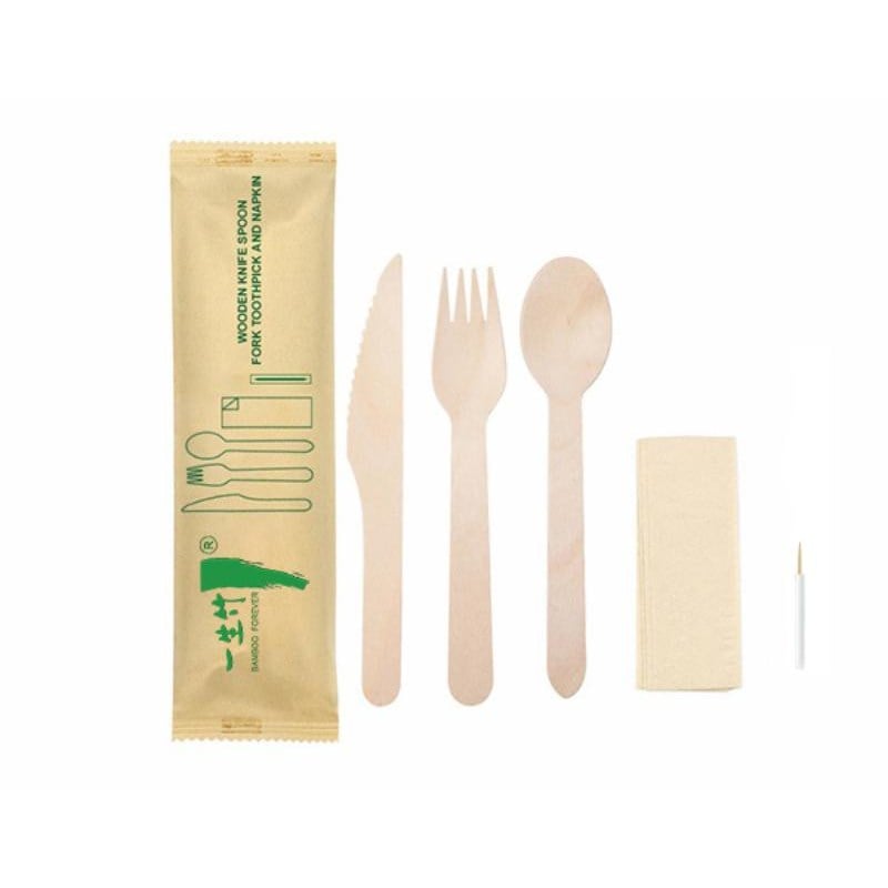 5-in-1 disposable wooden cutlery kit: knife + fork + spoon + toothpick + napkin