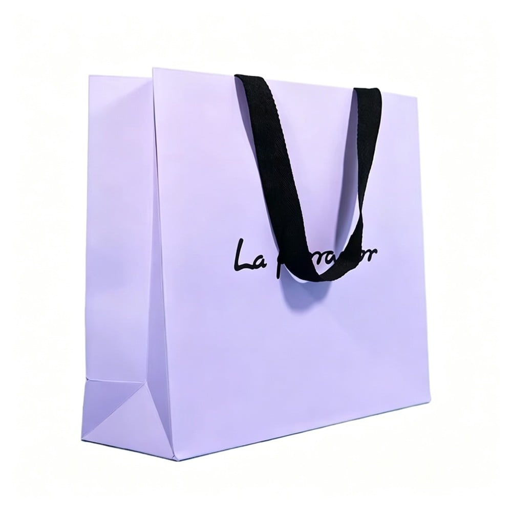 Custom Logo Screen-Printed Purple Cardboard Shopping Bag Art Paper for Packaging with Ribbon Accessories