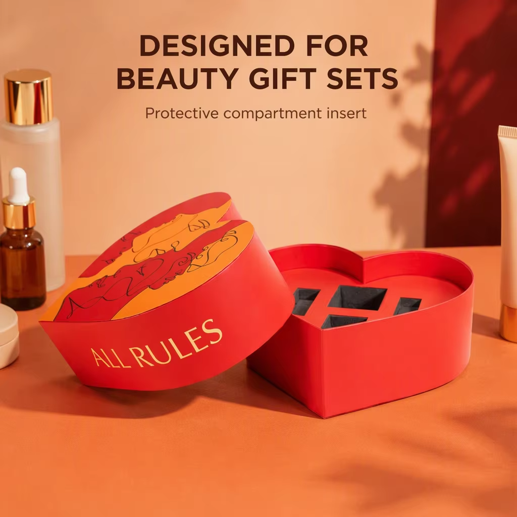 product customized fashion heart shape skincare set insert nail polish oil cosmetics with hot foil embossing paper packaging box-3