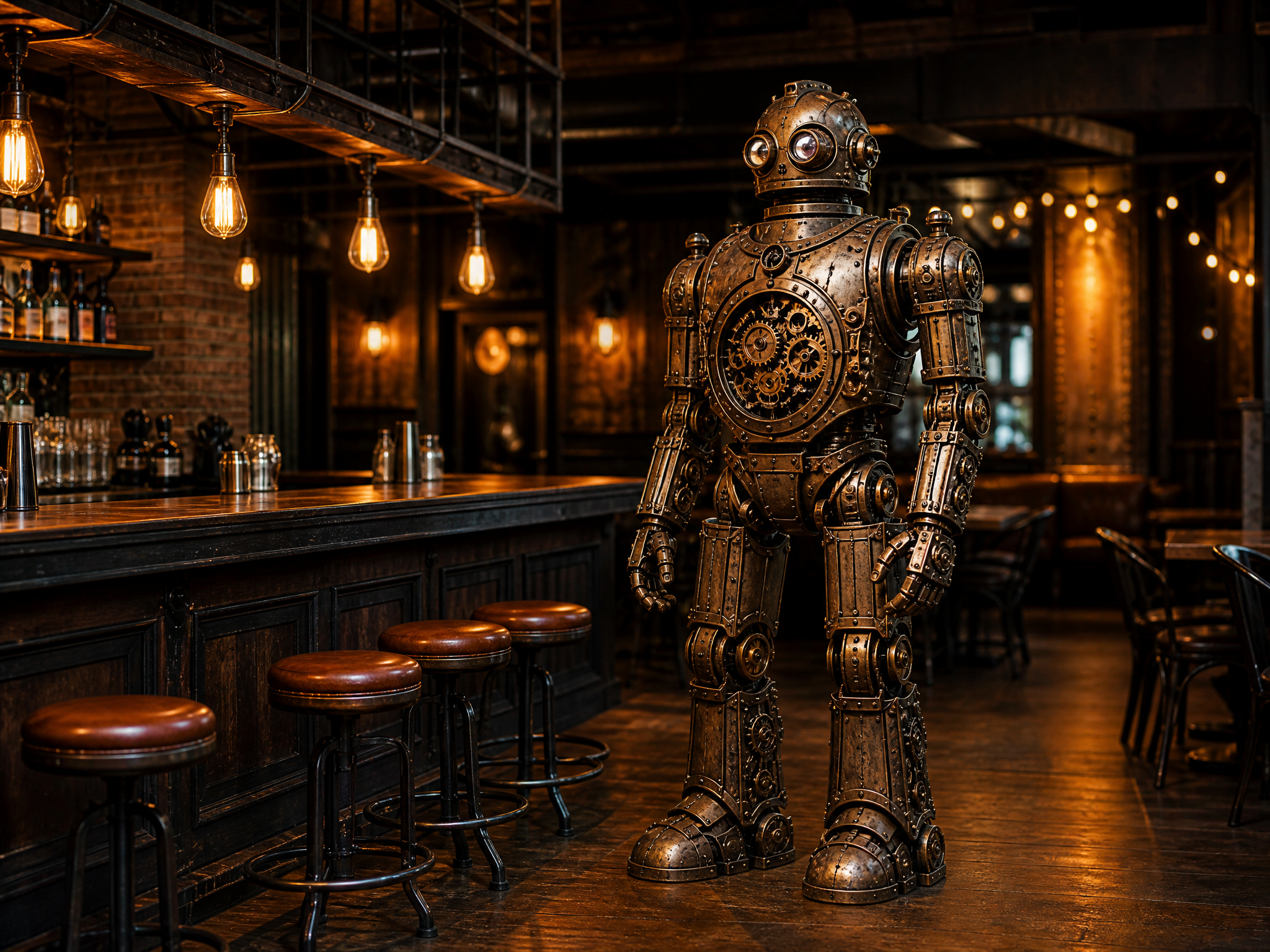 Steampunk metal bar decoration with custom metal sculpture