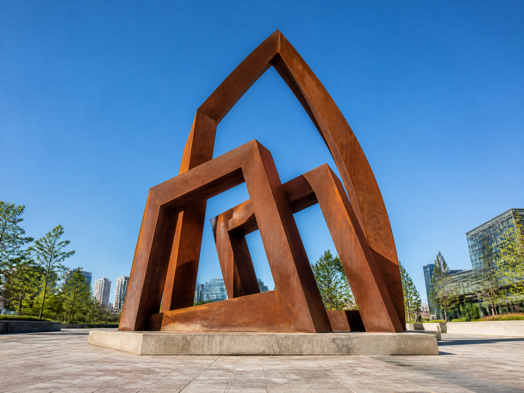 Outdoor metal art sculpture in a public plaza
