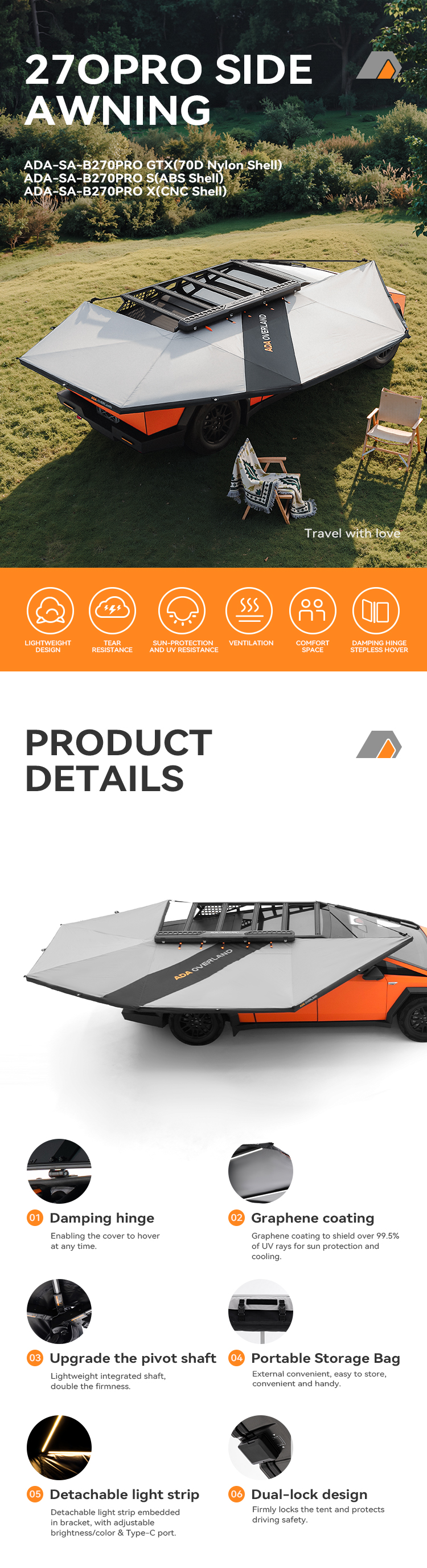 ADA 270PRO SIDE AWNING：グラフェンUVシールドおよび着脱式サイド