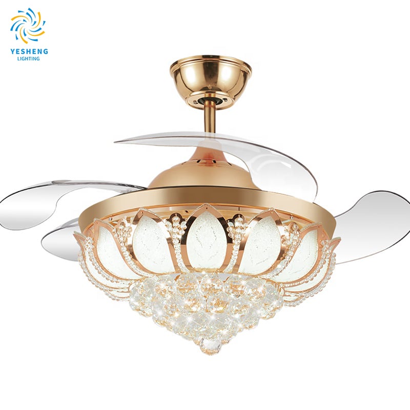 2002A 42 Inches Gold Crystal Ceiling Fan with Invisible Blades with Remote Control Retractable Chandelier Ac Dc