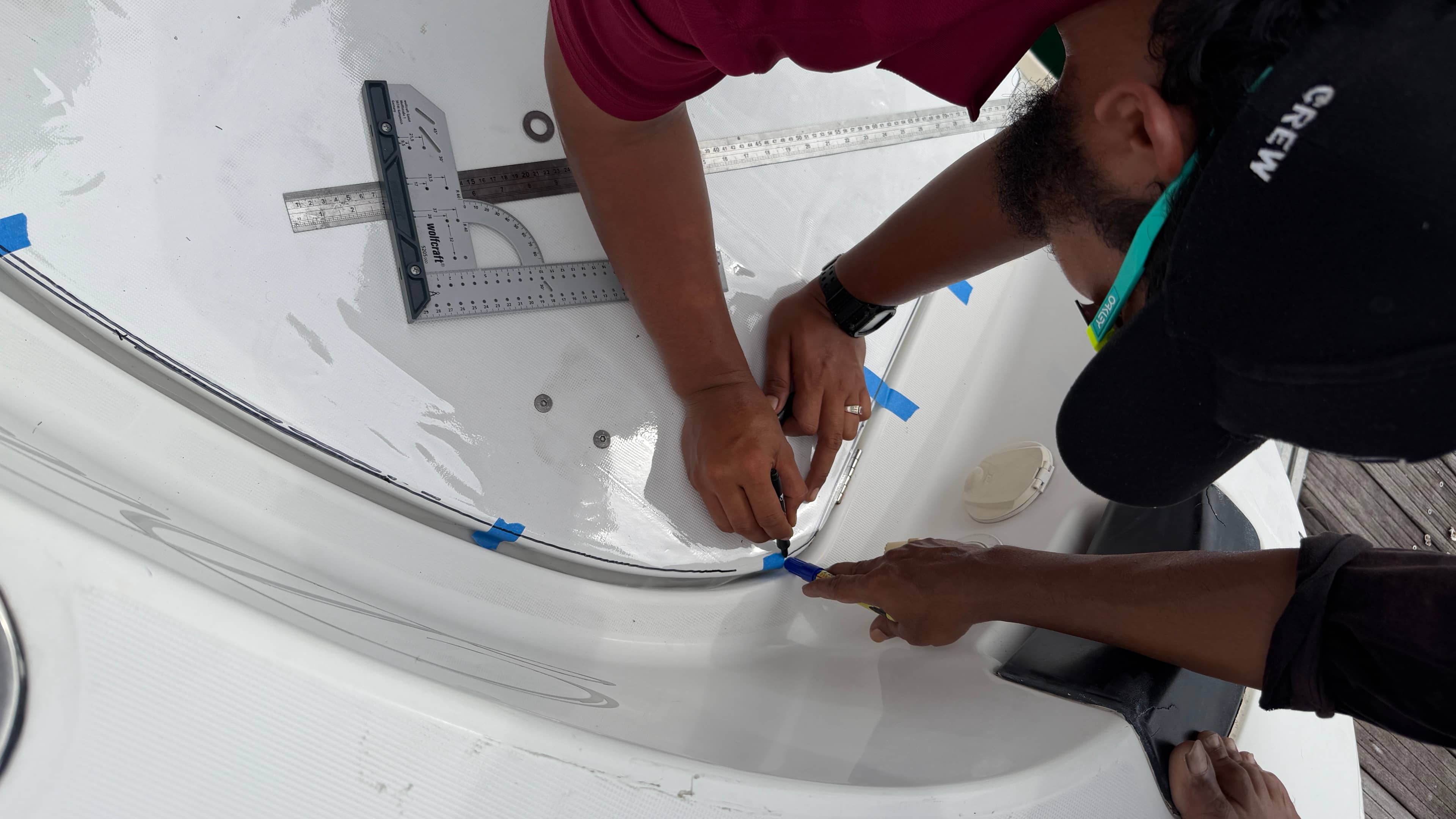 Instructors used plastic film to draw blueprints on the ship's deck..jpg