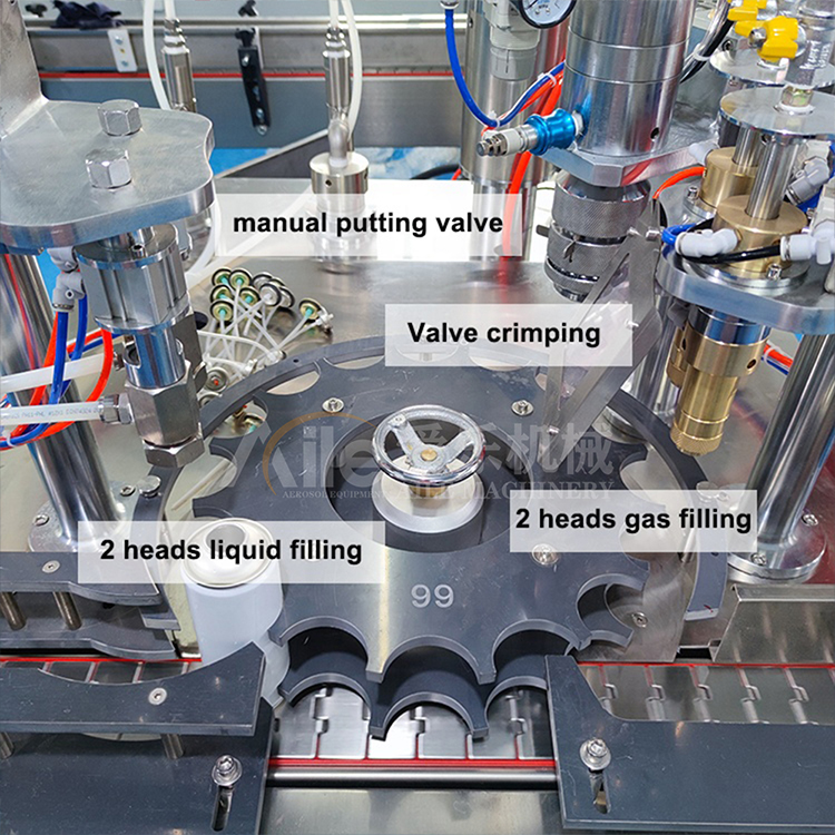 Explosion-proof double head gas filling station on rotary aerosol machine