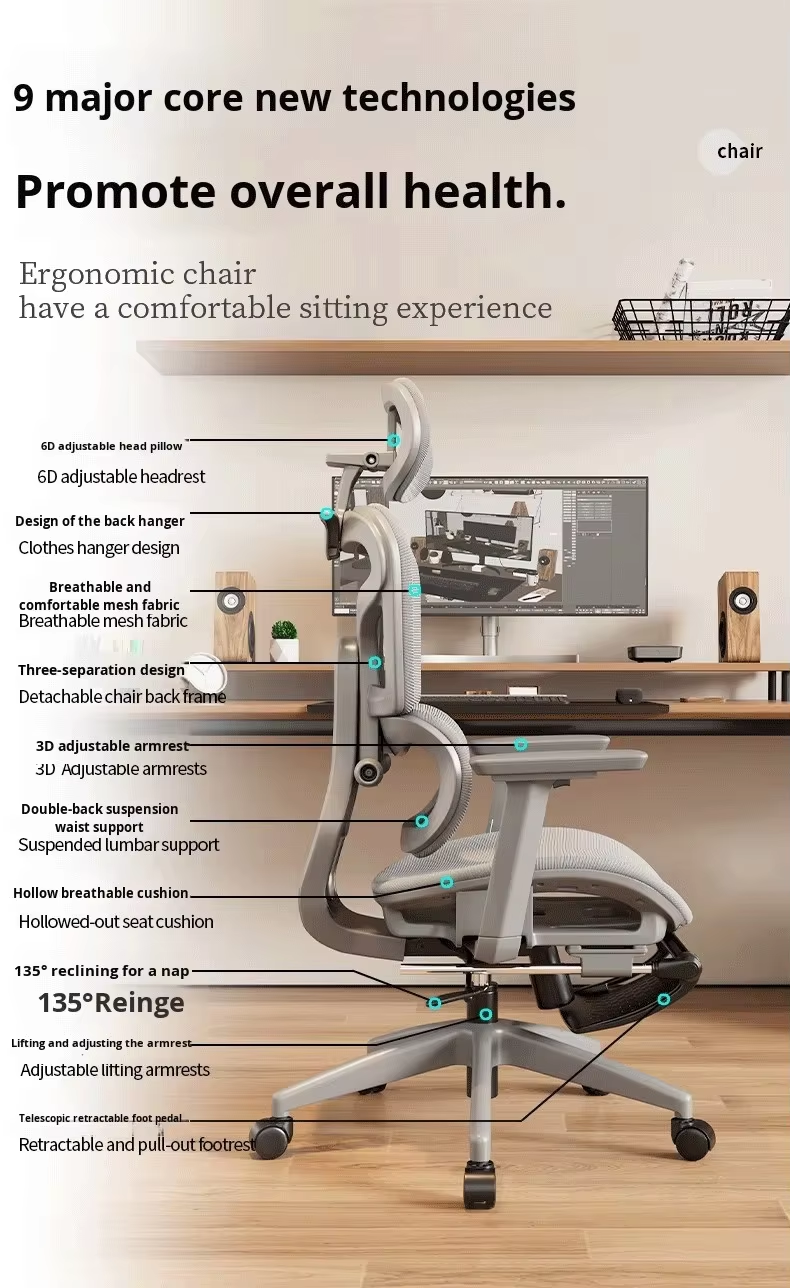 Ergonomic Modern Mesh Chair Adjustable Extendable Waist Support for Home Comfortable Long Sitting Gaming Office Use Reclining