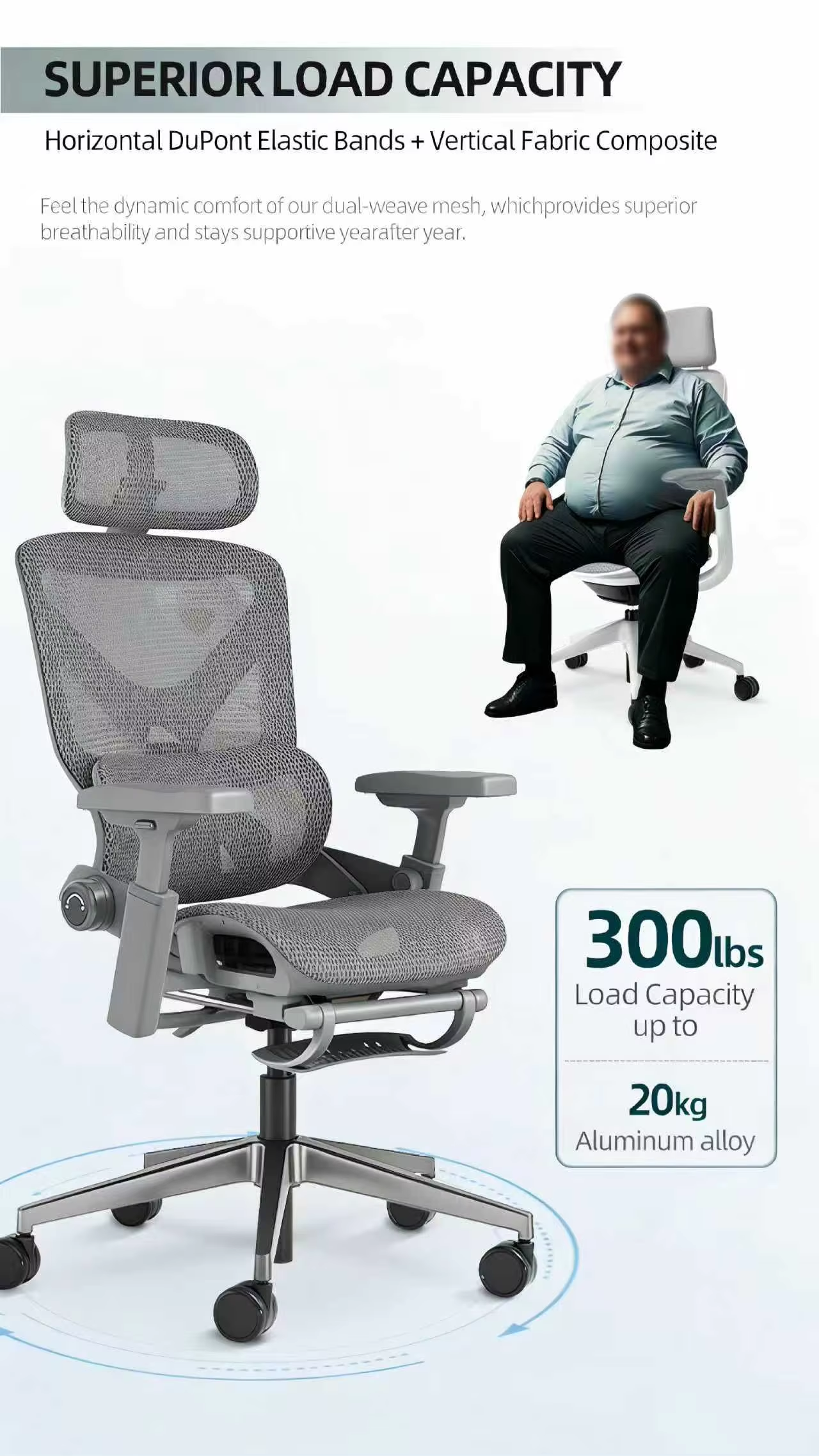 150KG High Capacity Multi-Purpose Recliner Chair with Adjustable Footrest Lumbar Support & Mesh Seat for All Users