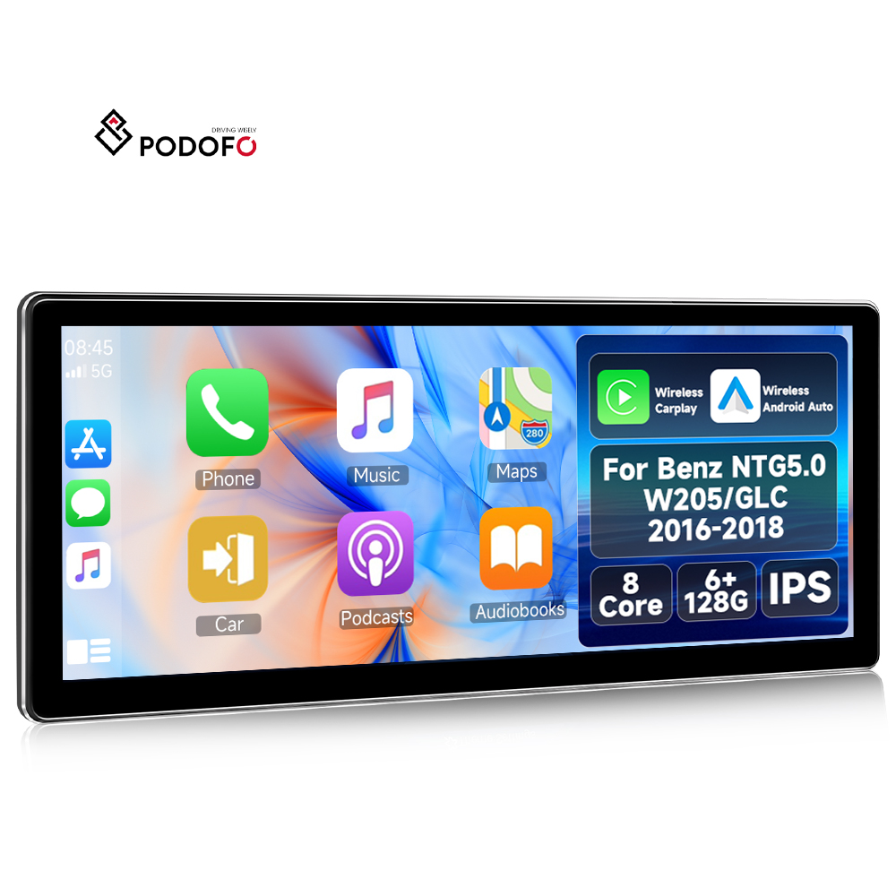 רדיו לרכב אנדרואיד של Podofo עם טכנולוגיית Qualcomm, מסך בגודל 10.25 אינץ', סטריאו לרכב, CarPlay אלחוטי, אנדרואיד אוטו, 8 ליבות, 6 ג'יגה-בייט זיכרון רם ו-128 ג'יגה-בייט זיכרון פנימי, עבור מרצדס-בנץ W205/GLC (2016–2018), חלק מקורי A4336EU