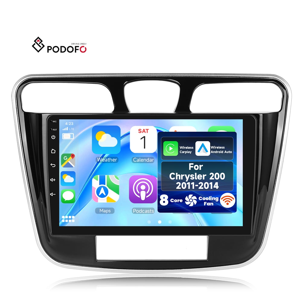 רדיו לרכב אנדרואיד של Podofo עם צ'יפ Qualcomm בגודל 9 אינץ' עבור רכבים של Chrysler 200 (2011–2014), 8 ליבות, זיכרון 4+64 ג'יגה-בייט, תמיכה אלחוטית ב-CarPlay וב-Android Auto, וויפי, GPS, מודל A8434A4135
