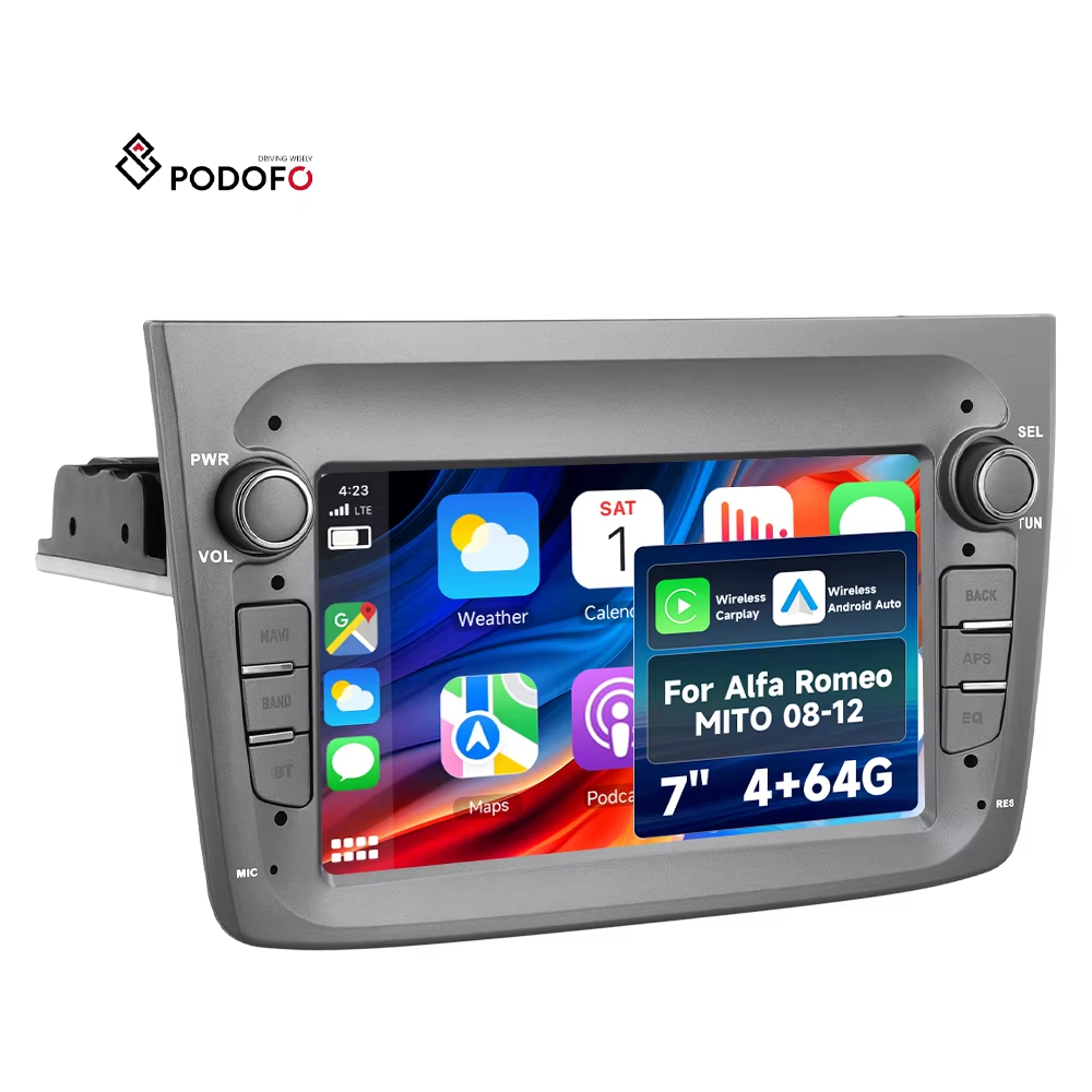 Podofo radiomagnetofon samochodowy z systemem Android, 7 cali, 4+64 GB, stereofon samochodowy bezprzewodowy z obsługą CarPlay/Android Auto, radiomagnetofon samochodowy z GPS, Wi-Fi i RDS do Alfa Romeo Mito (2008–2016), model A4444