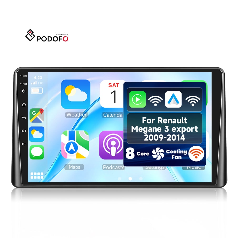 רדיו לרכב Podofo 9 אינץ', 4+64 ג'יגה-בייט, עם מעבד Qualcomm בעל 8 ליבות, ל-Renault Megane 3 (יצוא, 2009–2014), תומך CarPlay אלחוטי‏/Android Auto, WiFi ו-4G, מכירה סיטונאית A8468A4135