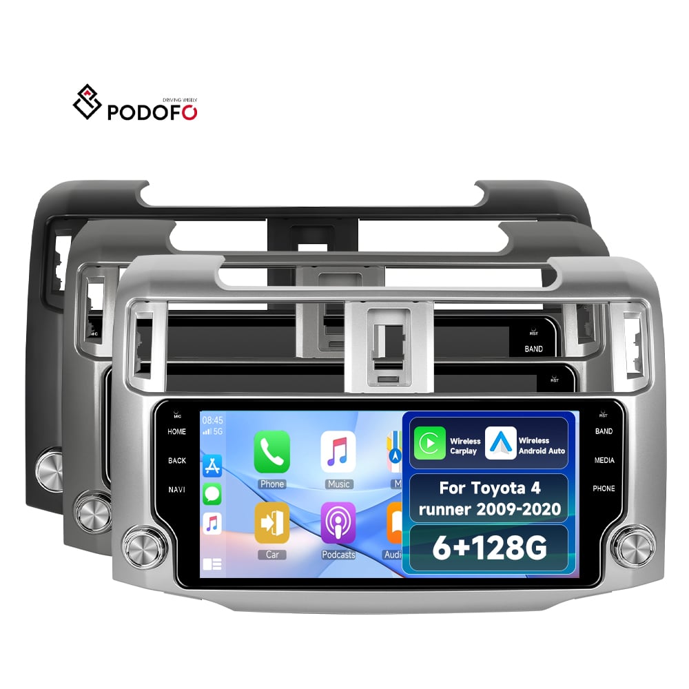 Podofo 10,33 cala, odtwarzacz samochodowy z systemem Android (6 GB RAM + 128 GB pamięci masowej) do Toyota 4Runner z lat 2009–2020, bezprzewodowy CarPlay/Android Auto, ekran IPS, nawigacja GPS, WiFi, oryginalny sprzęt OEM A4354BK/A4354SR/A4354GR