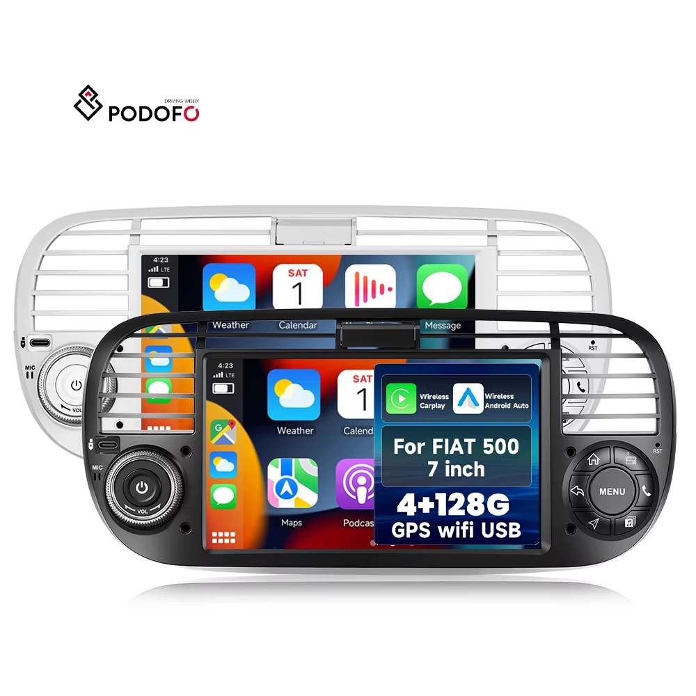 Podofo 7'' 2 Din Android for FIAT 500 2007-2014 Car Stereo 4+64/4+128G Wireless Carplay/Android Auto Incell Screen GPS WiFi ODM A4544BK/A4461WE/A4461