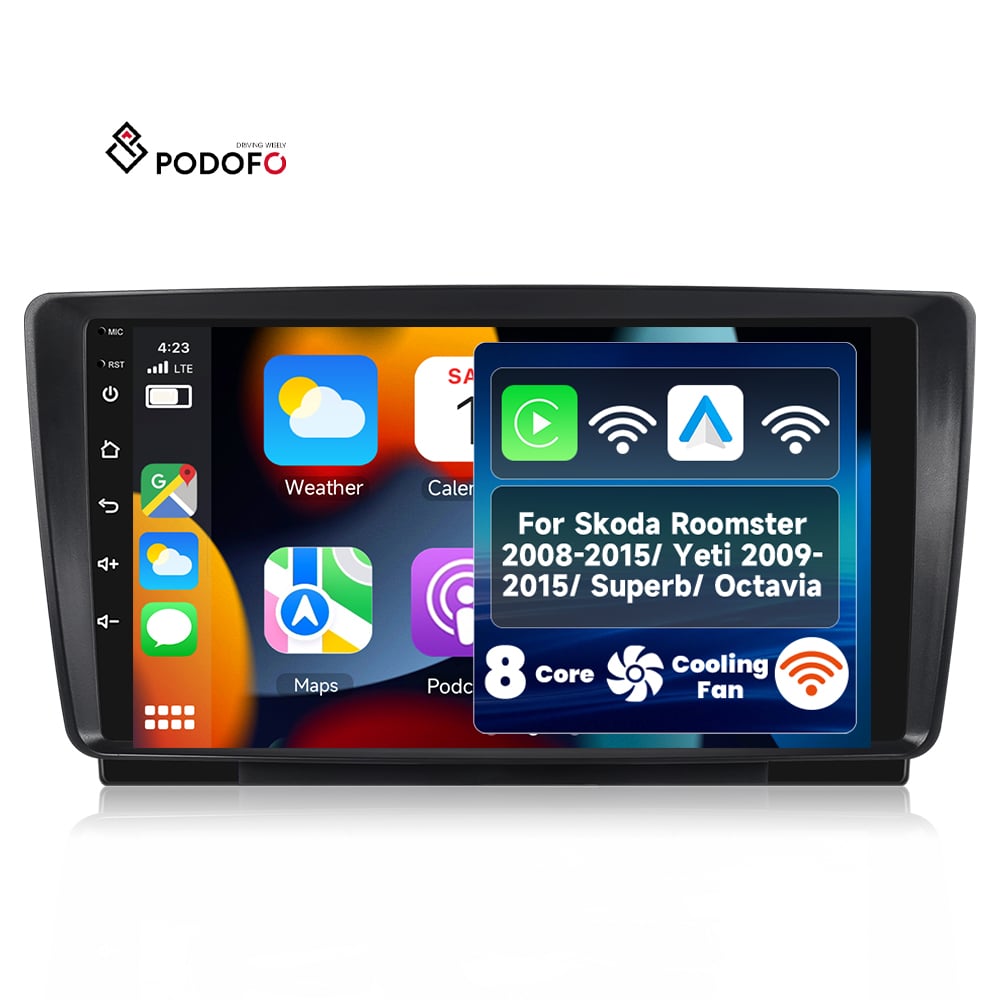 רדיו לרכב Podofo 9 אינץ' עם מעבד Qualcomm בעל 8 ליבות, 4+64 ג'יגה-בייט, ל-Skoda Roomster (2008–2015), Yeti (2009–2015), Superb (2012–2015) ו-Octavia (2004–2013), חלק יצרן מקורי A8475A4135