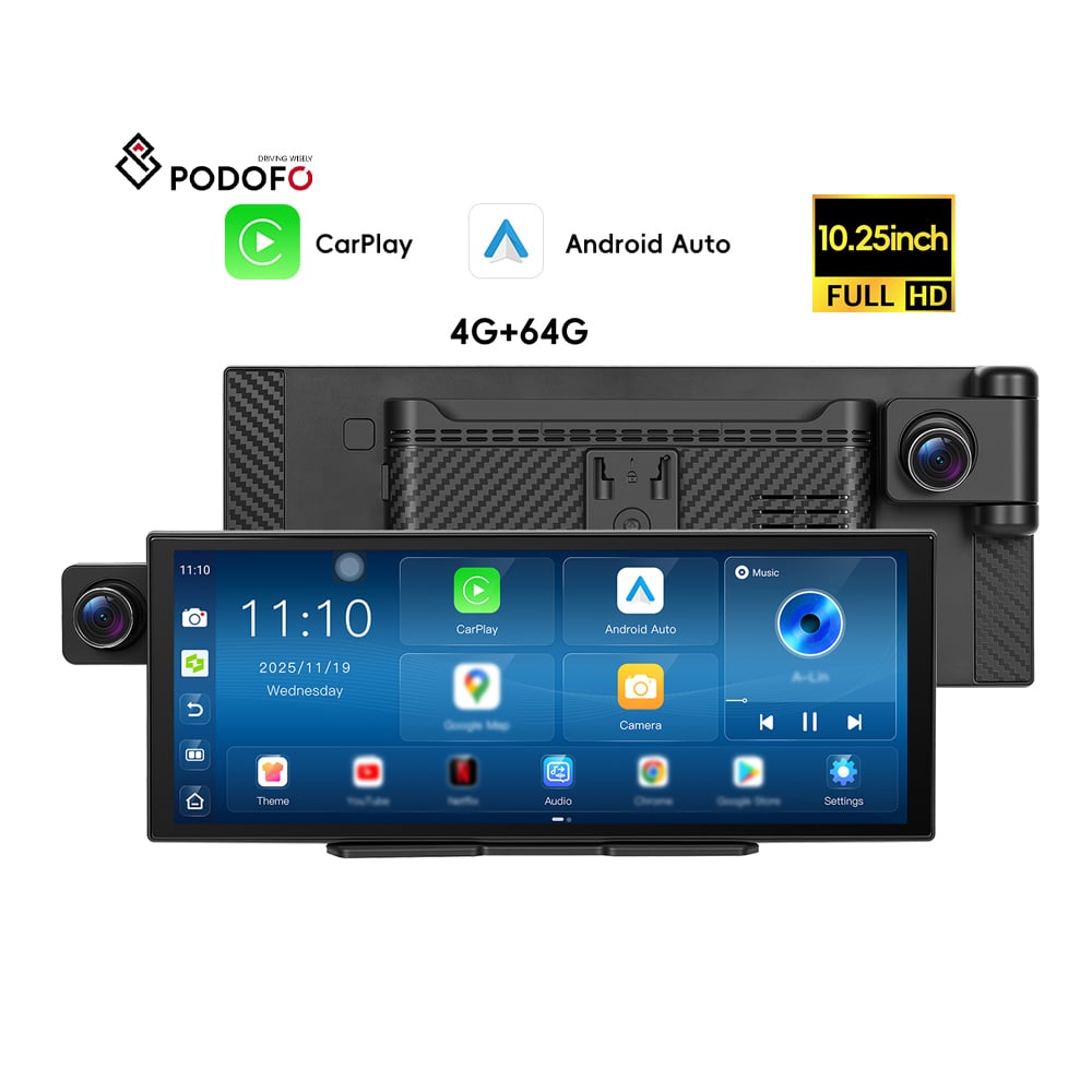 Podofo Prenosni CarPlay ekran 8-Core 4+64G Android 15 Bežični CarPlay/Android Auto 180 Rotation 2K Prednja kamera Dash Cam WiFi OEM/ODM Veliki prodaja A4508