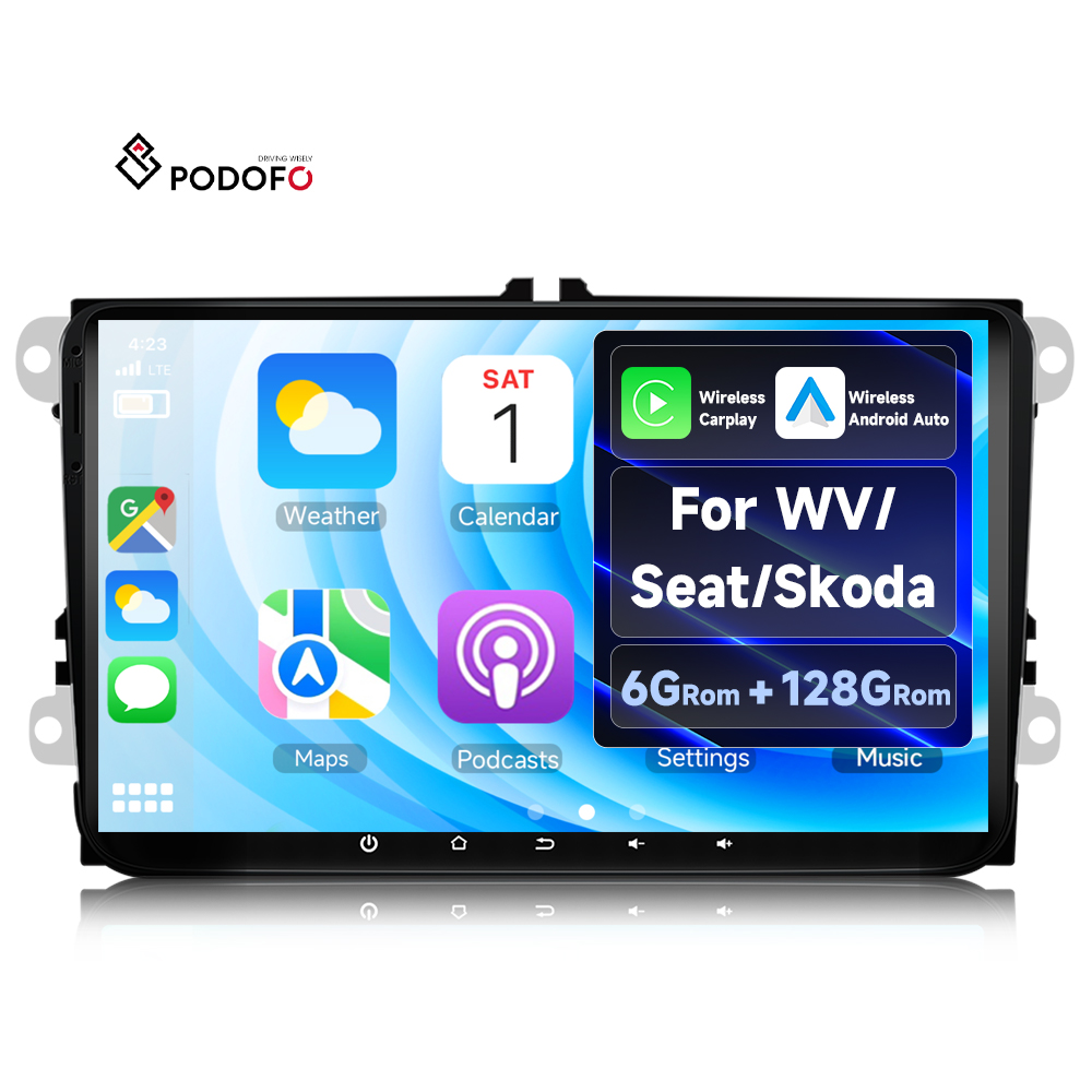 Podofo 6+128 ג'יגה-בייט, רדיו לרכב אנדרואיד 9 אינץ' עם חיבור אלחוטי ל-CarPlay ואנדרואיד אוטו, GPS, וויפאי לרכב, מתאים ל-Volkswagen/‏VW/‏Skoda/‏Seat, מכירה סיטונאית A4347