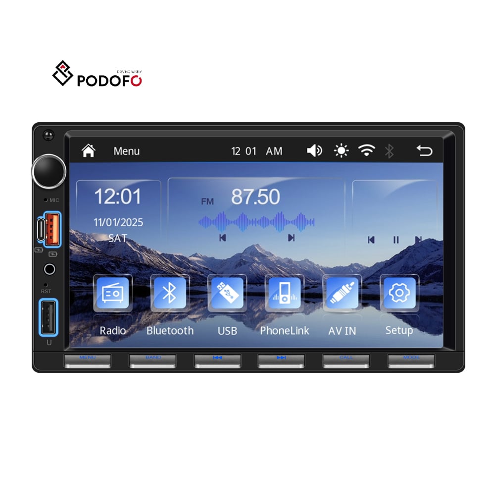 Podofo Double Din 7'' Car MP5 Player Car Stereo Car Radio Wireless Carplay/Android Aut USB EQ Type-C Piano Key Wholesale OEM ODM A4495