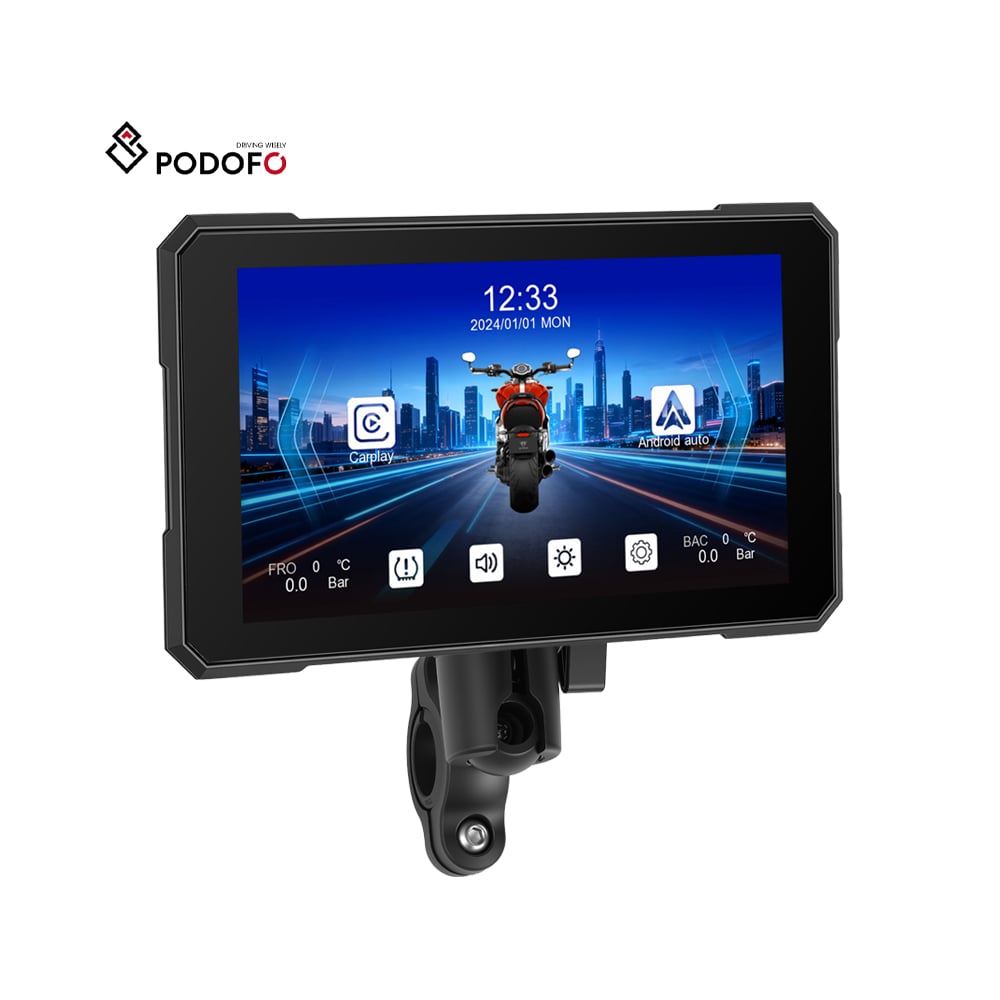 Podofo przenośny motocyklowy odtwarzacz inteligentny z bezprzewodowym CarPlay o przekątnej 5 cali, obsługujący Android Auto i system monitorowania ciśnienia w oponach (TPMS), odporny na wodę zgodnie ze standardem IP67, wiodący producent, model A4491