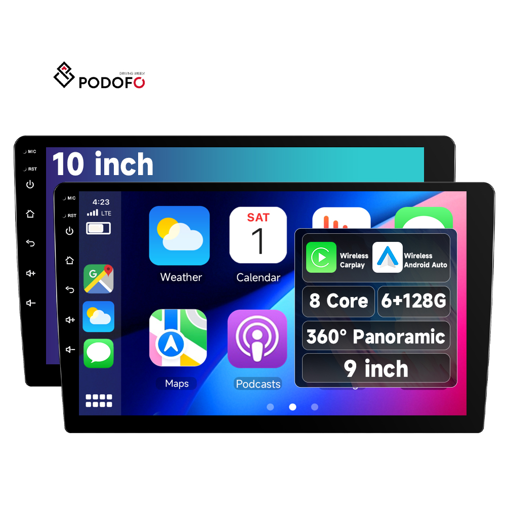 סטראיאו לרכב של Podofo, 9 אינץ'/10 אינץ', 6+128 ג'יגה-בייט, 8 ליבות, רדיו לרכב אנדרואיד, תצוגה פנורמית ב-360°, תומך ב-CarPlay אלחוטי וב-Android Auto, GPS/וואי-פי/HiFi, מכירה סיטונאית, דגמים A4395/A4394