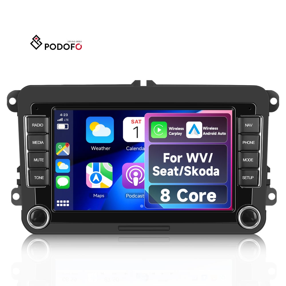 רדיו לרכב אנדרואיד של Podofo עם 8 ליבות ומעבד Qualcomm, לרכב VW/פאסאט/טוראן/גולף/סקודה/סיט, מסך בגודל 7 אינץ', טכנולוגיית IPS, תומך CarPlay ואנדרואיד אוטו, עם מאוורר קירור, חלק מקורי A4338
