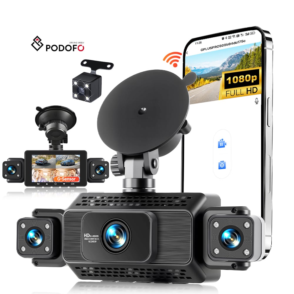 DVR לרכב של Podofo, מצלמת עמודה (Dash Cam) עם 4 עדשות ומסך בגודל 3 אינץ', איכות HD 1080P, מצלמת רכב, מسجل וידאו לרכב עם טכנולוגיית IPS, חיישן G, ראיית לילה, חיבור Wi-Fi, הקלטה בארבע ערוצים, מודל L5955