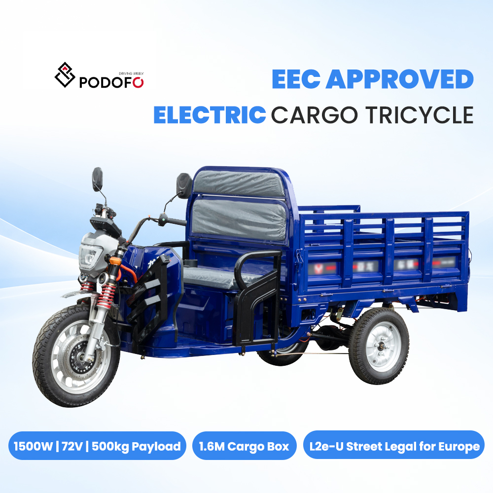 Podofo EEC Approved Electric Cargo Tricycle 1500W 72V 1600x1100mm Cargo Box 500kg Payload L2e-U Three Wheeler for Europe Supplier Wholesale OEM/ODM Tricycle