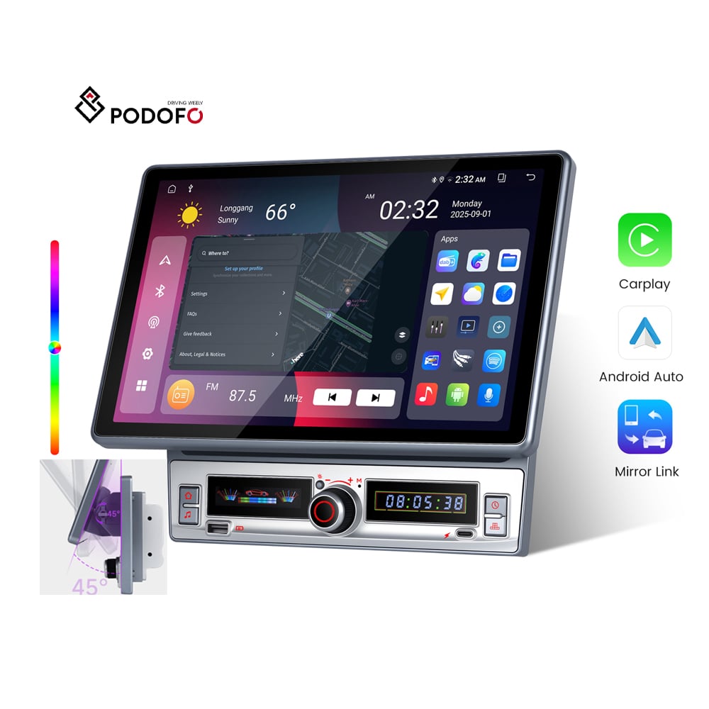 Podofo 11.5-inch HD Rotatable Incell Screen Single Knob Piano Keys Double Din 4+64G Car Radio Wireless Carplay/Android Auto OEM A4515