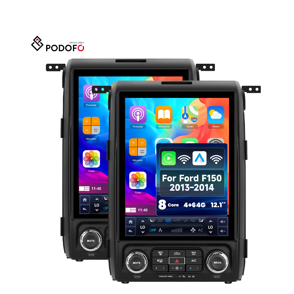 פודופו רדיו לרכב 12.1 אינץ' לפורד F-150 2013–2014, עם חיבור אלחוטי ל-CarPlay ואנדרואיד אוטו, זיכרון 4+64 ג'יגה-בייט, מעבד שמונה ליבות עם DSP, תמיכה ב-4G LTE, תומך במערכת BOSE, ייצור לפי דרישה של יצרן המקורי (OEM), מודל A4538EU/A4538US