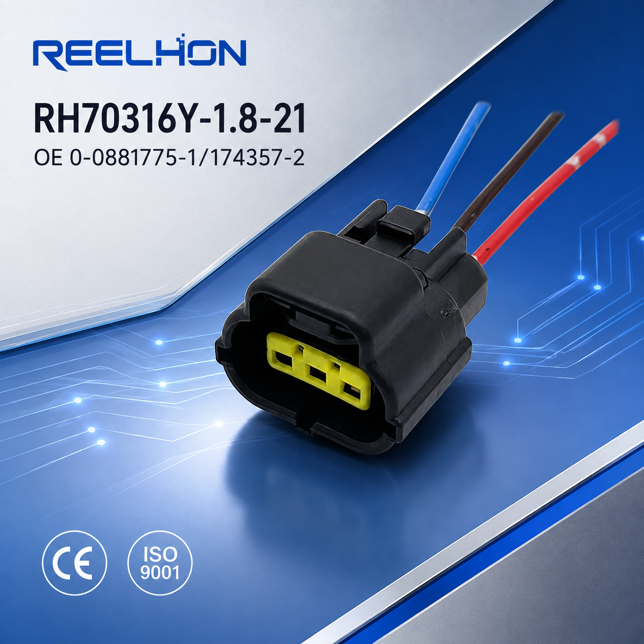 ขั้วต่ออัตโนมัติแบบกันน้ำสำหรับเซ็นเซอร์ รุ่น 70316Y-1.8-21 (รหัสสินค้า: 0-0881775-1, 174357-2) แบบมี 3 ขา สีเหลือง หน้าแปลนแบบ SPT พร้อมสายนำออก (pigtail) ใช้กับชุดสายไฟเซ็นเซอร์ของ VW และ BMW