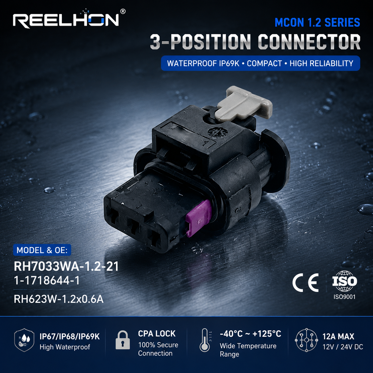 RH7033WA-1.2-21 1-1718644-1 3 Pin Waterproof Female MCON 1.2 Auto Connector for Engine Camshaft Sensor Harness