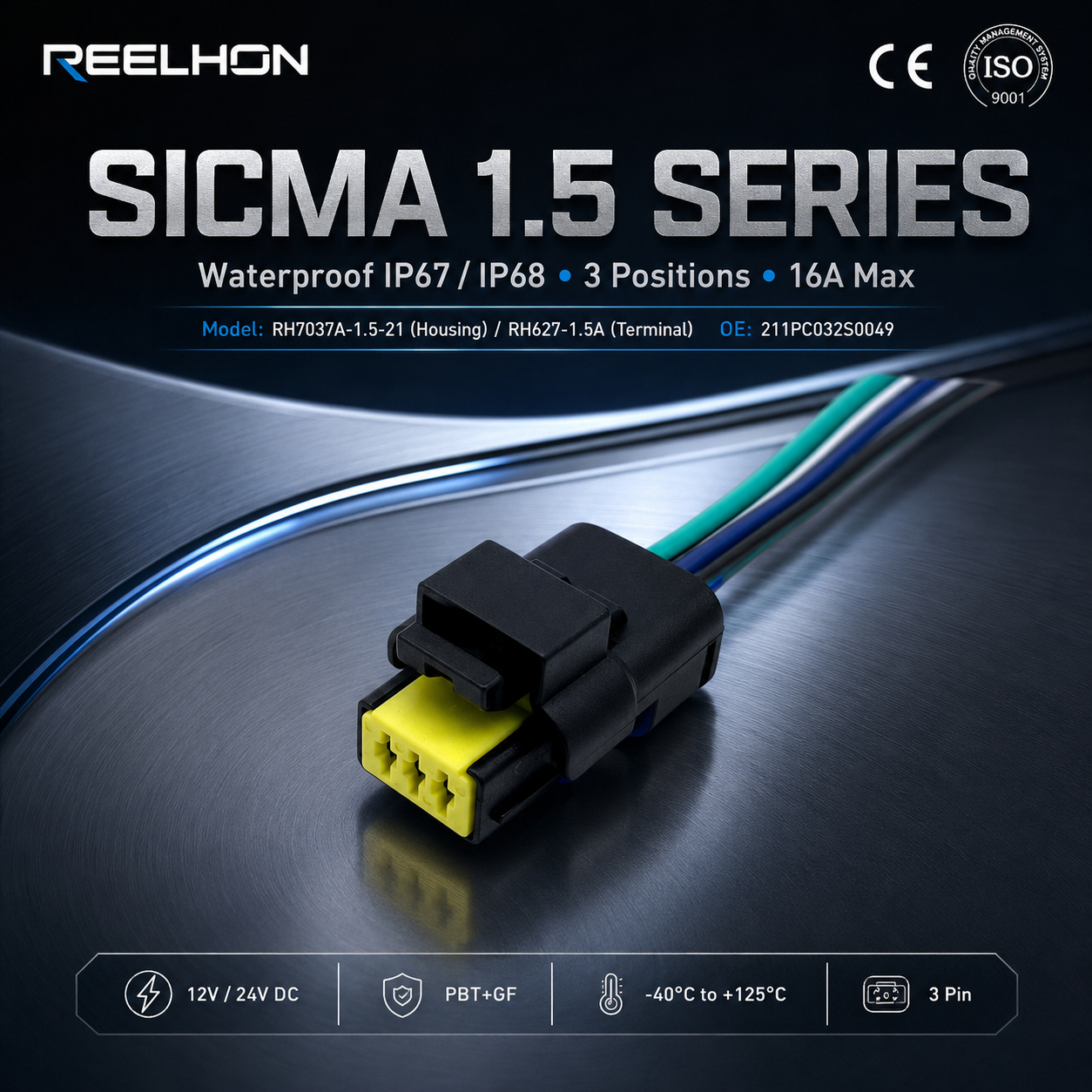 RH7037A-1.5-21 211PC032S0049 3 Pin Waterproof Female Sicma 1.5 Auto Connector for Ignition Coil Sensor Harness
