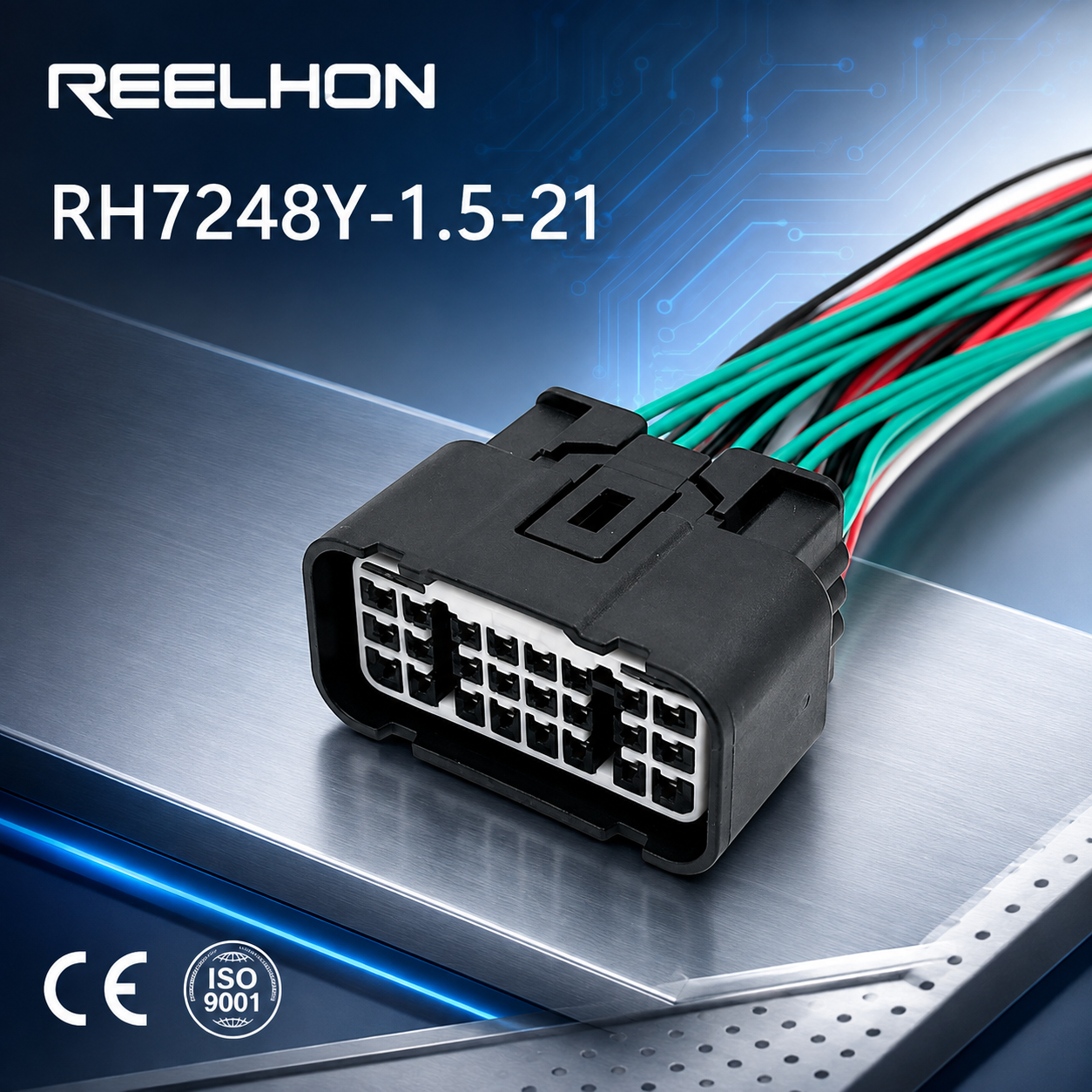 ขั้วต่ออัตโนมัติแบบหญิงหนาแน่นสูง รุ่น 7248Y-1.5-21 จำนวนขา 24 ขา พร้อมสายนำออก (pigtail) สำหรับใช้งานกับโมดูลควบคุมอิเล็กทรอนิกส์ เช่น ECU, BCM, TCM และชุดสายไฟควบคุมหลายวงจร แบบกันน้ำ