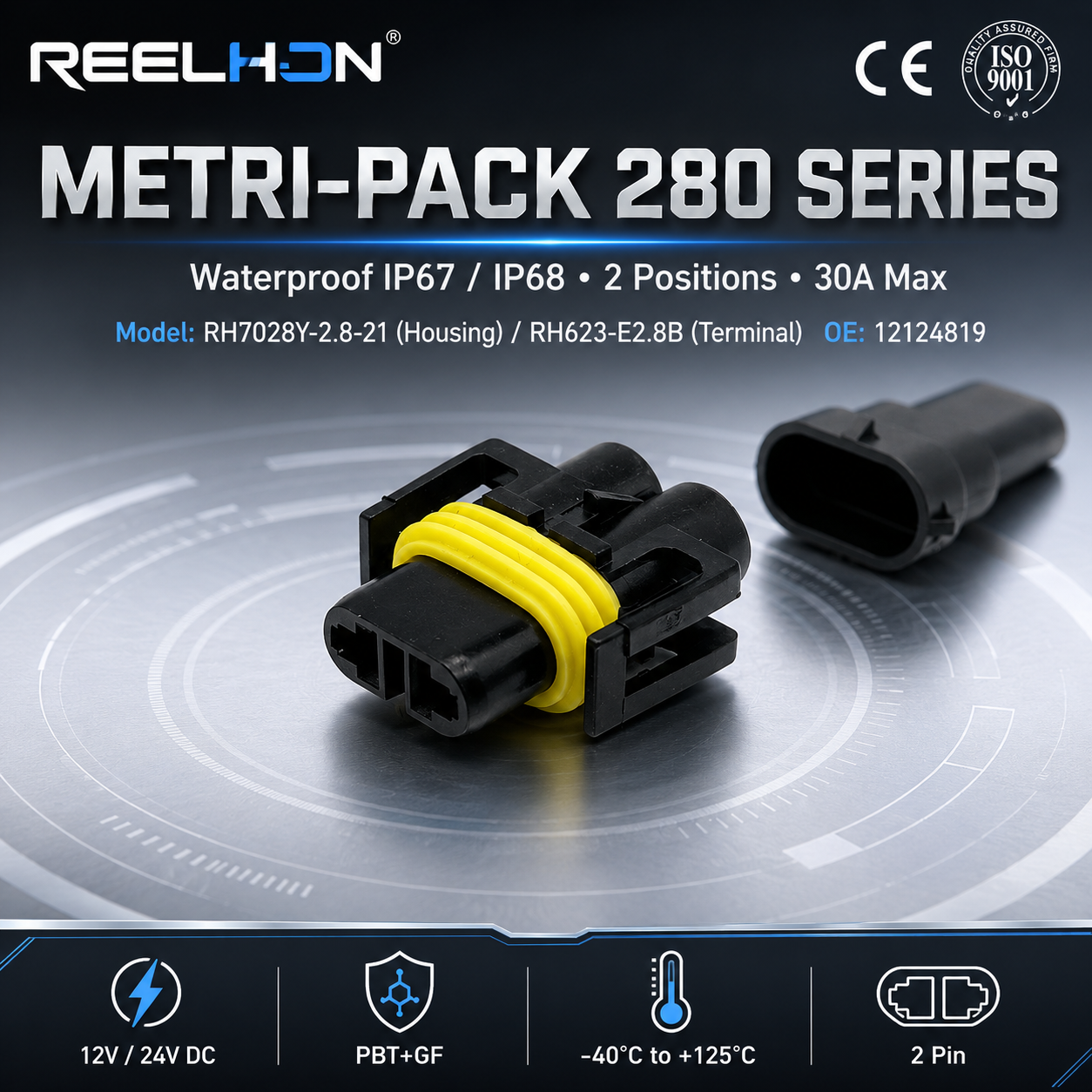 RH7028Y-2.8-21 12124819 2 Pin Waterproof Female Sealed 2.8mm Auto Connector for H11 Fog Light Sensor Harness